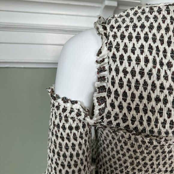 Silk Cinq a Sept Pascal Mini Medallion Blouse Small Smocked Off Cold Shoulder - Picture 11 of 13